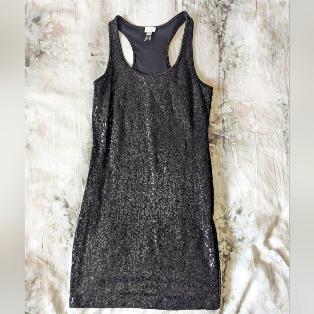 Dynamite black and gold racer-back bodycon sparkling dress, size medium